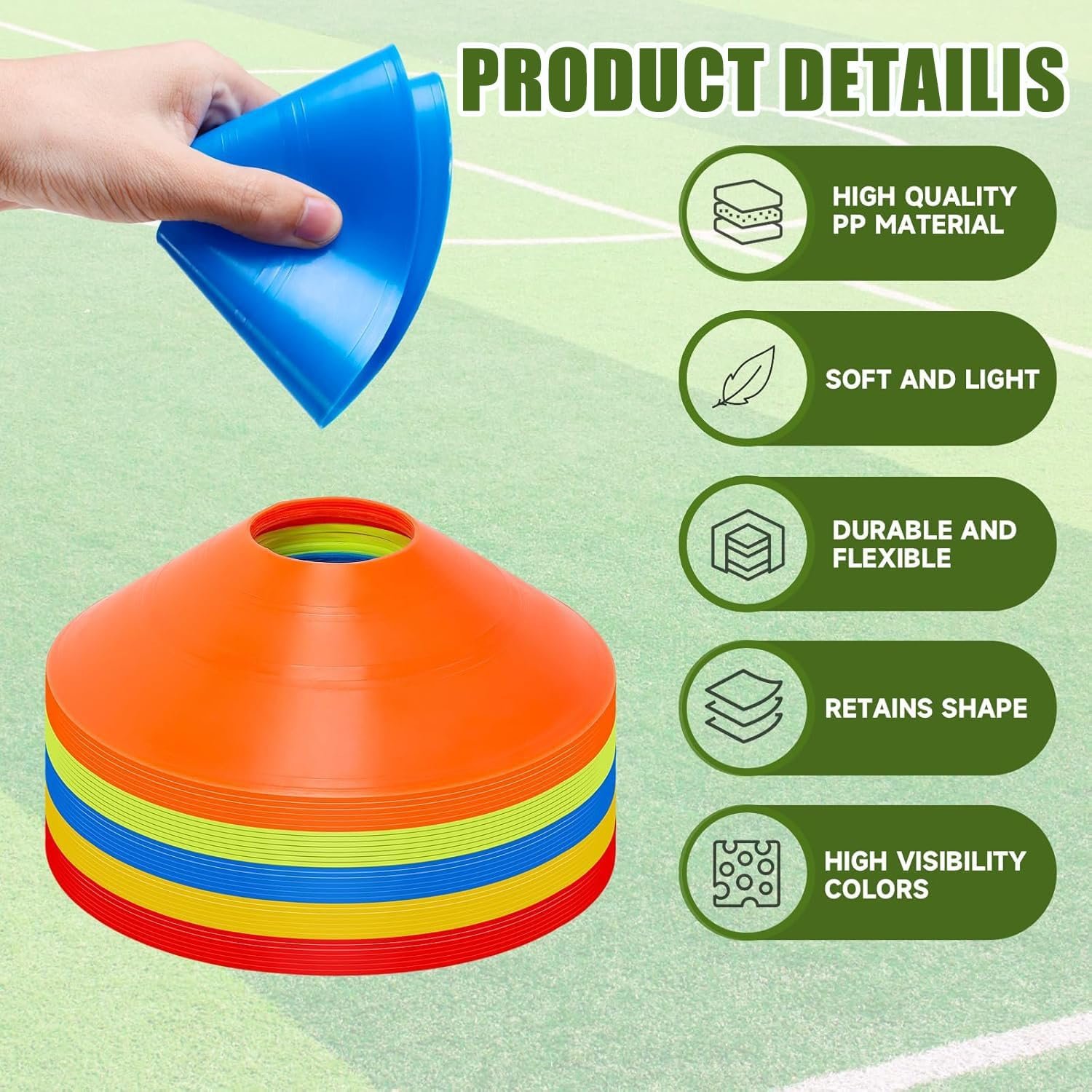 100PCS Football Cones, 5 Color Cones for Football Training, Football Training Cones with Strap Training Cones Set for Football Basketball & Agility Training