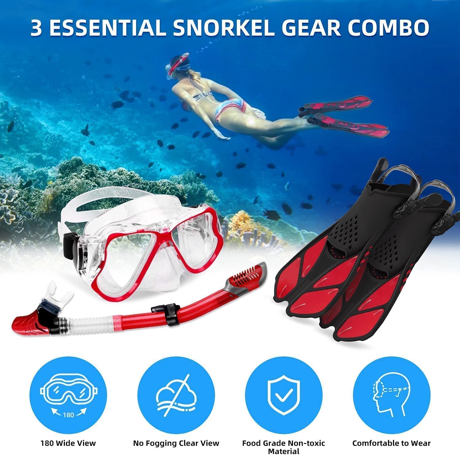 3 PCS Adult Snorkeling Kit Swimming Goggles Dry Snorkel Tube Adjustable Fins (red)