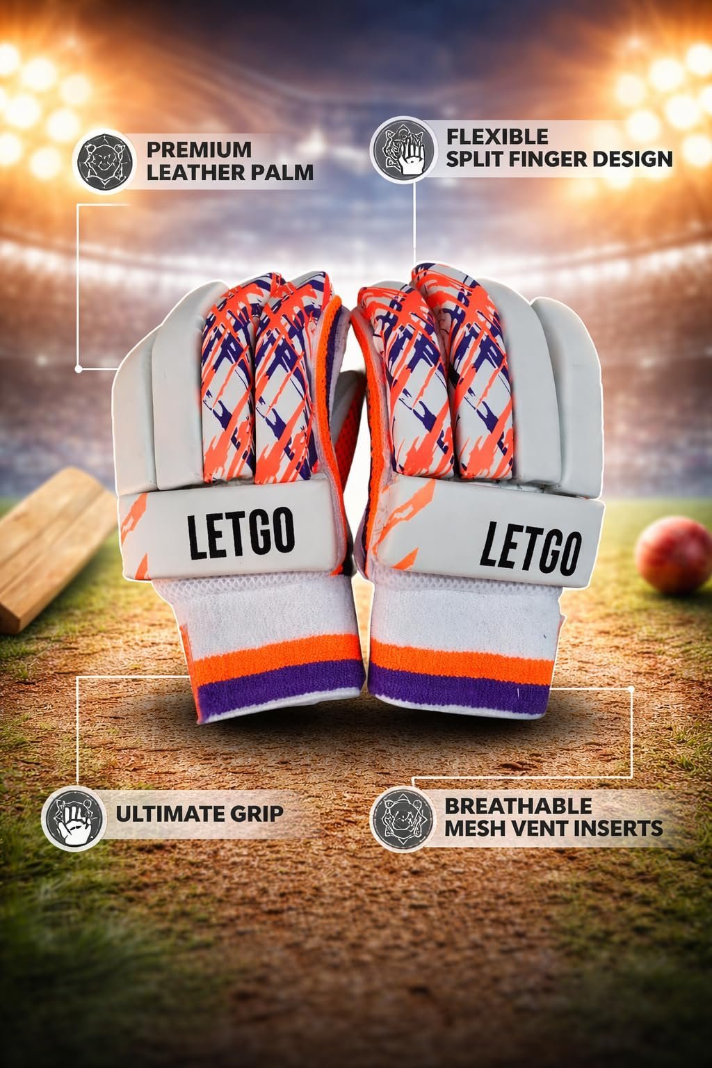 Cricket Batting Gloves, White with Orange and White Design, Padded Finger Protection Leather Material