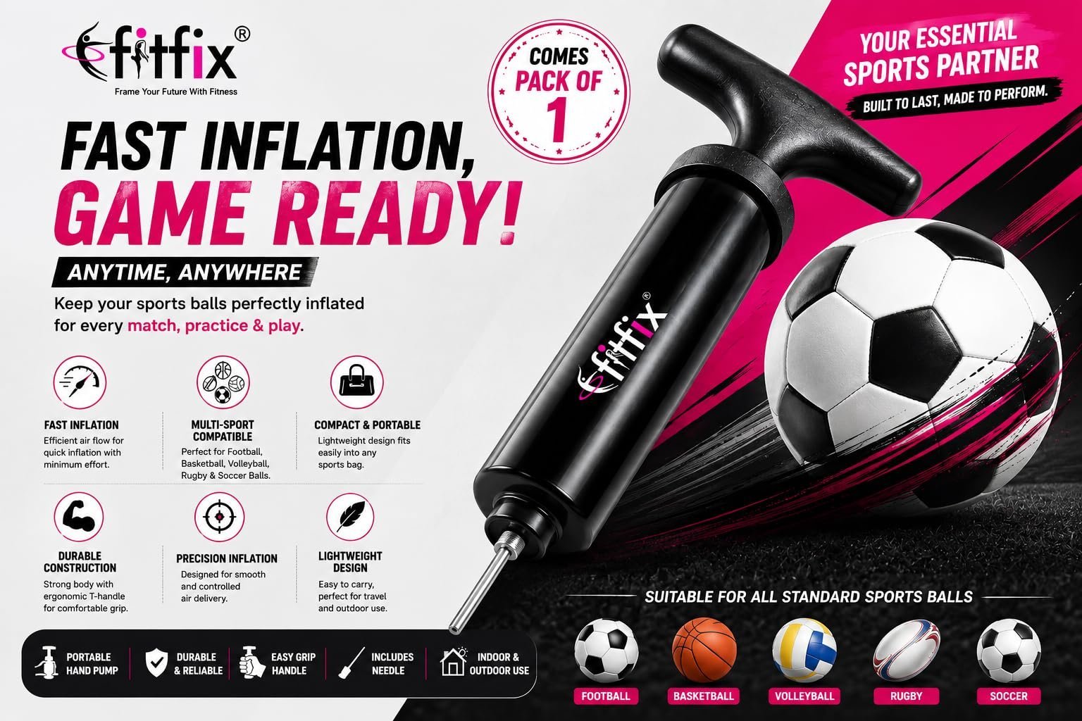 ® Sports Ball Pump with Needle | Portable Air Pump for Football | Basketball | Volleyball | Rugby & Soccer Balls | Fast Inflation Hand Pump | Durable Compact Inflator | Black