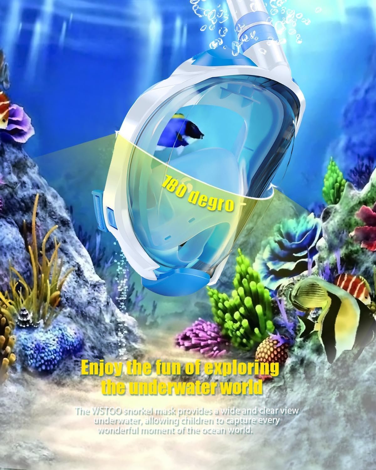 Full Face Snorkeling Mask Diving Gear - Latest Dry Top System,180 Degree Panoramic View Snorkeling Mask with Camera Mount,Safe Breathing,Anti-Leak Anti-Fog-Swim Fins (Blue - Large/X-Large)