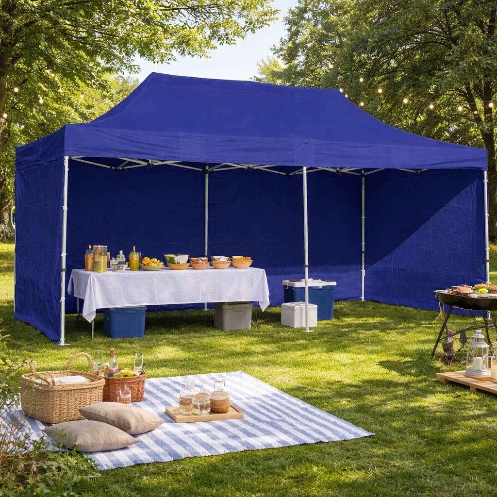 10 x 20 FT Pop Up Gazebo Canopy Tent with 3 Side Walls and Curtains, Heavy Duty Waterproof Outdoor Canopy, Height Adjustable Sun Shade for Garden, Terrace, Camping & Events, Blue (50 kg)