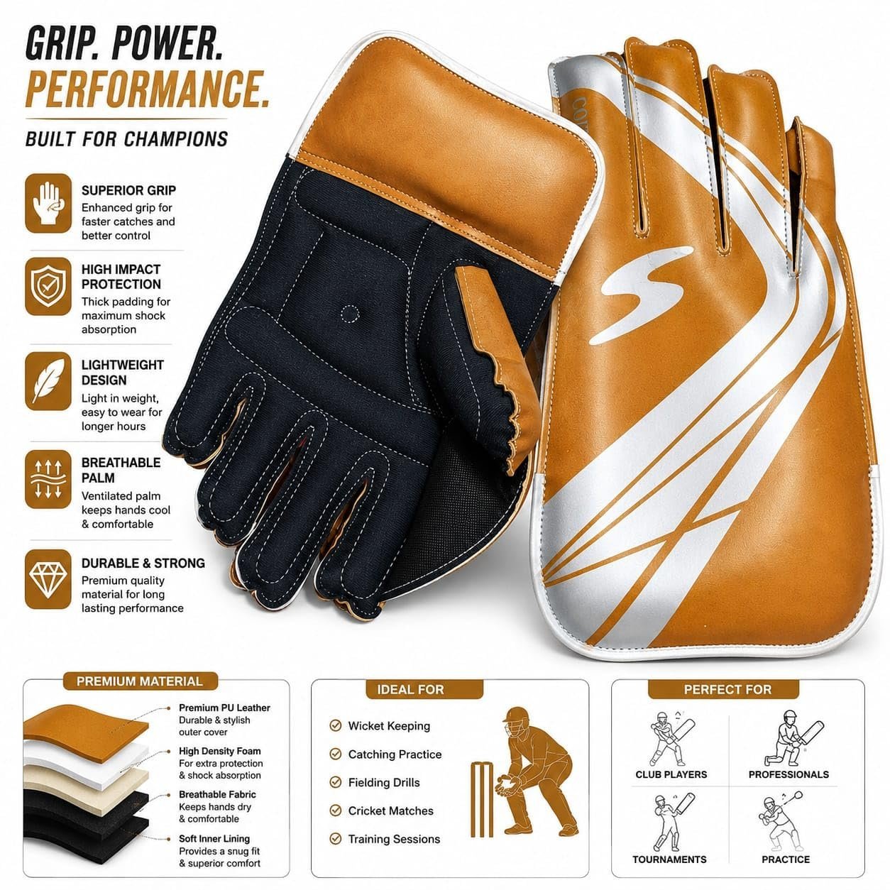 Professional Cricket Wicket Keeping Gloves for Adults Brown & White