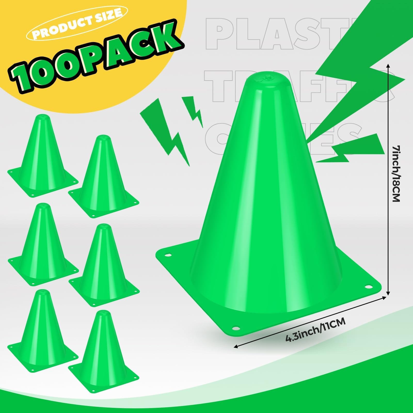 100 Pcs 7 Inch Plastic Traffic Cones Mini Safety Cones Sports Training Soccer Cones Small Driving Practice Cones Agility Marker Cone for Basketball Skating Football Indoor Outdoor (Green)
