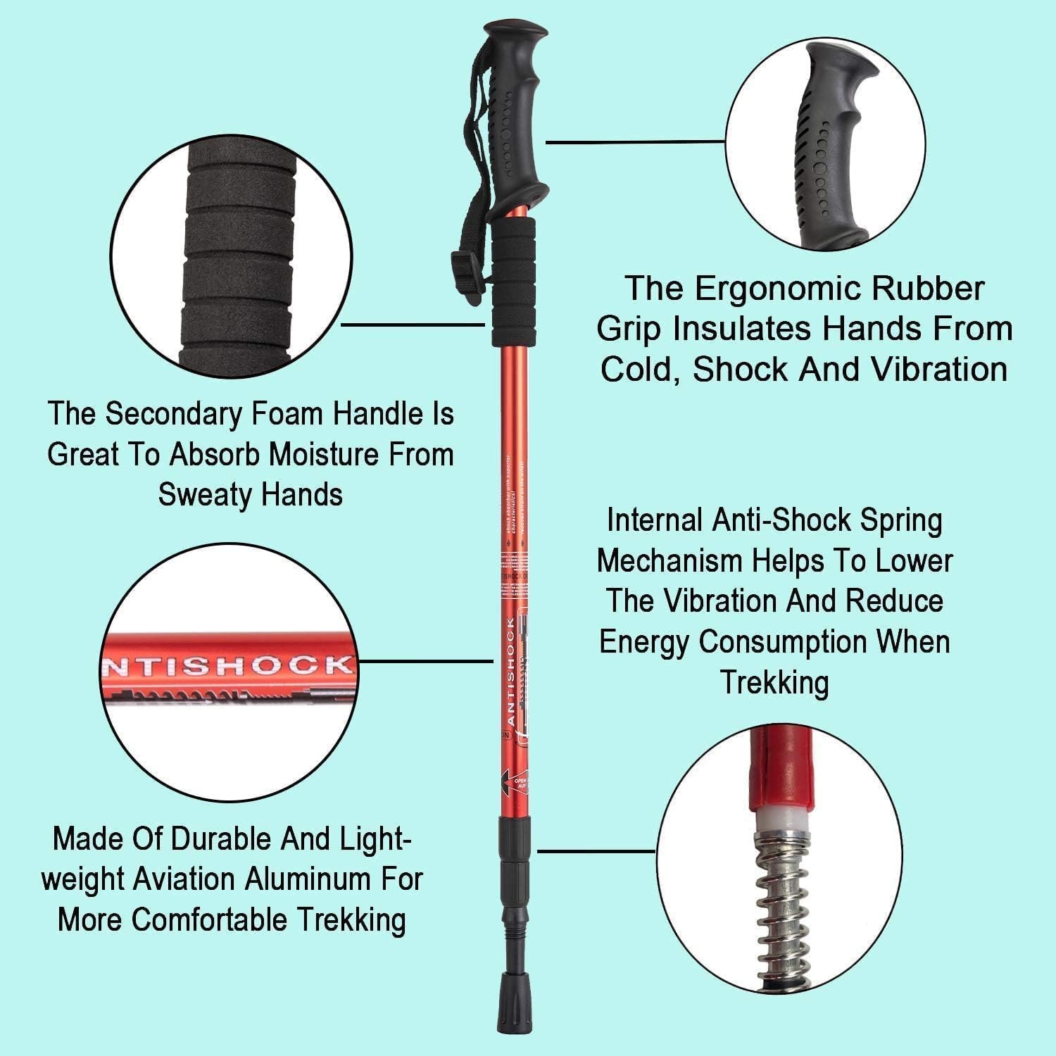Hiking Trekking Poles, Collapsible, Lightweight, Anti Shock, Hiking or Walking Sticks, Adjustable Hiking Pole for Men and Women, All Terrain Accessories and Carry Bag (Red, 1)