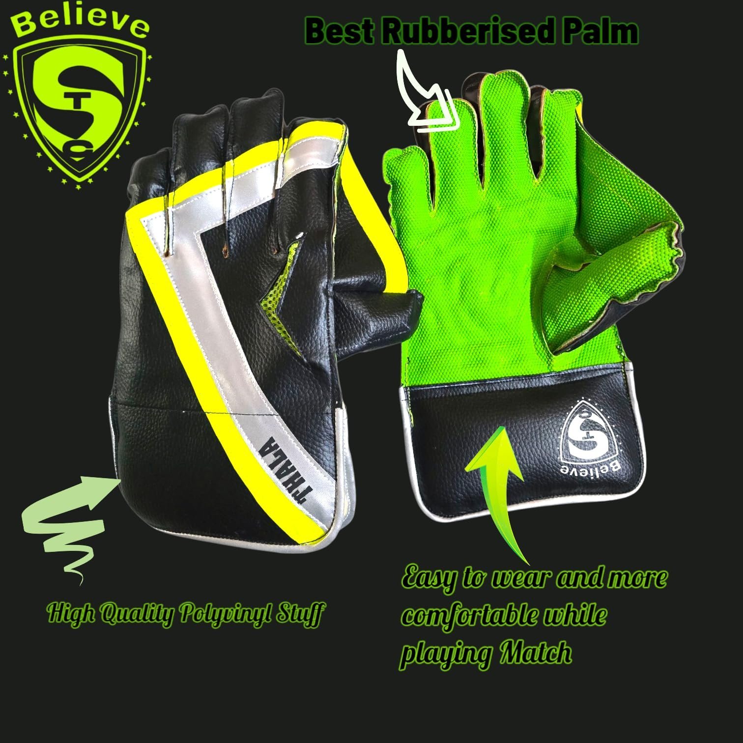 Cricket Wicket Keeping & Inner Gloves for Boys & Youth Age Group -Thala Master Colour-Black & Green