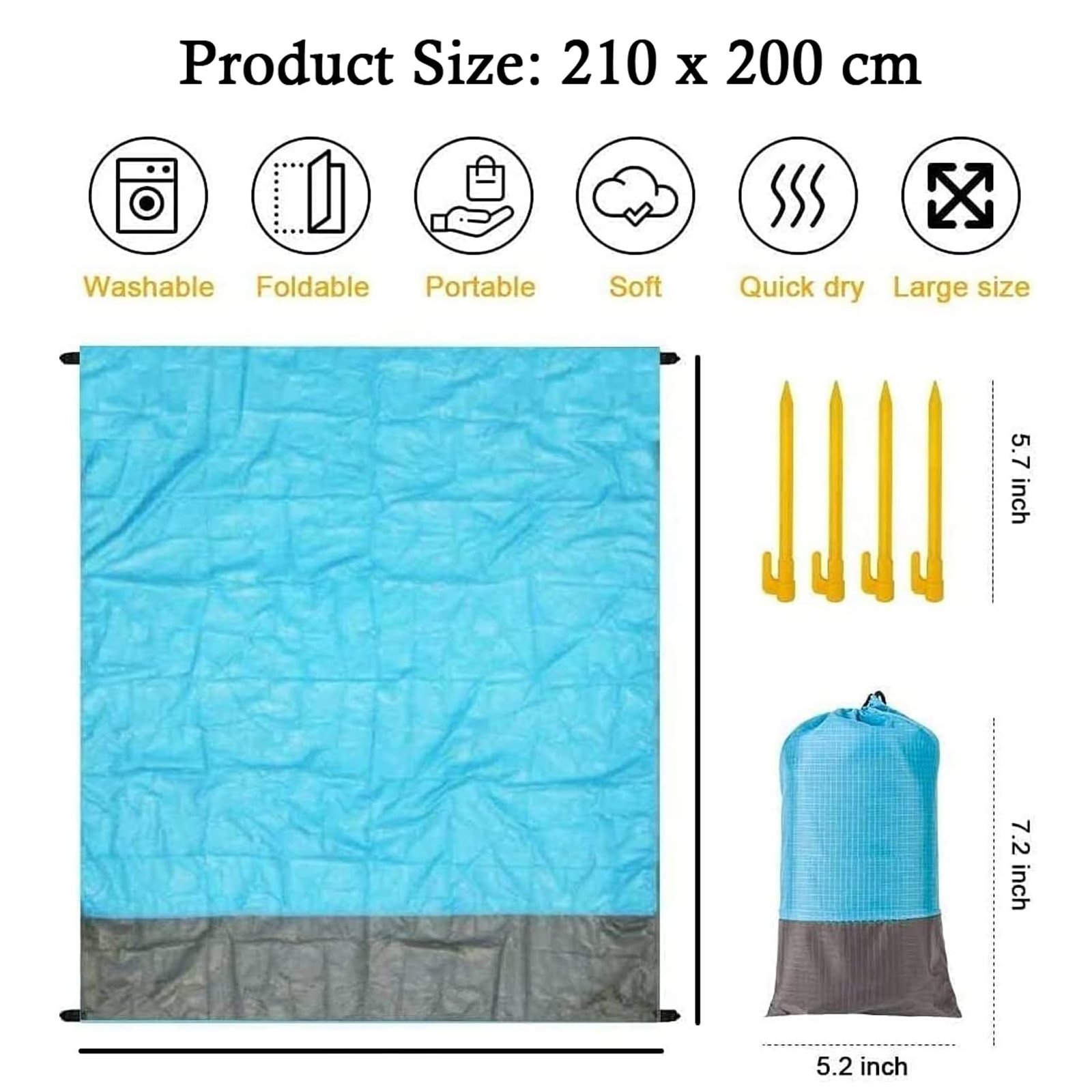 Polyester Picnic Mats Foldable Waterproof Outdoor Travel Camping Beach Mat Sand Proof Blankets with Portable Bag and 4 Fixed Nails for Family of 5 to 6 Persons (Multi Color)
