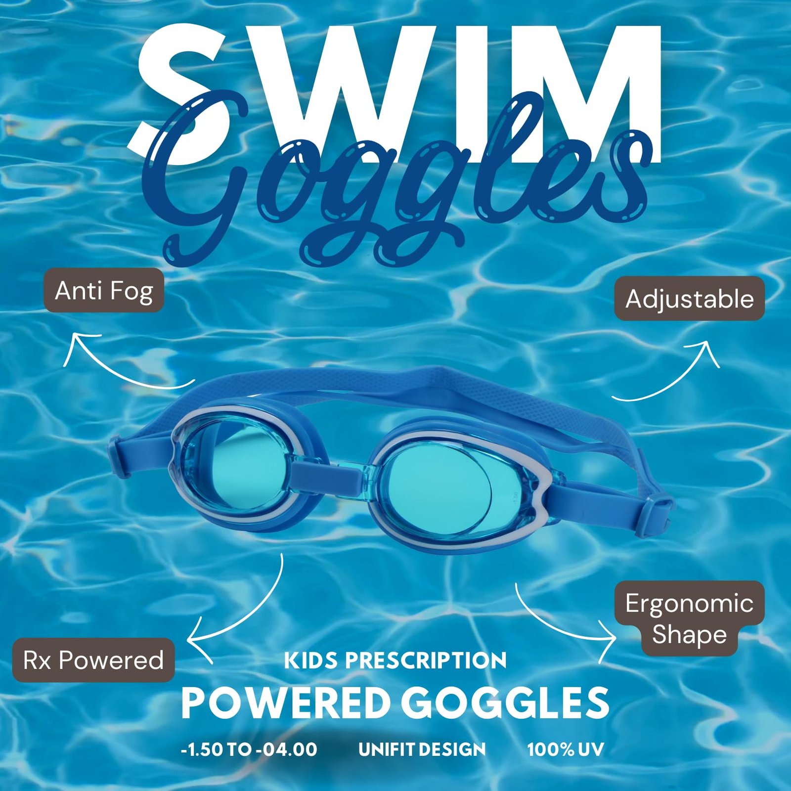 VisionPro Powered Kids Swimming Goggles with Prescription Lenses Anti-Fog & UV Protection Comfortable Fit Includes Hard Case Nose Clip & Ear Plugs (Blue, -2.00)