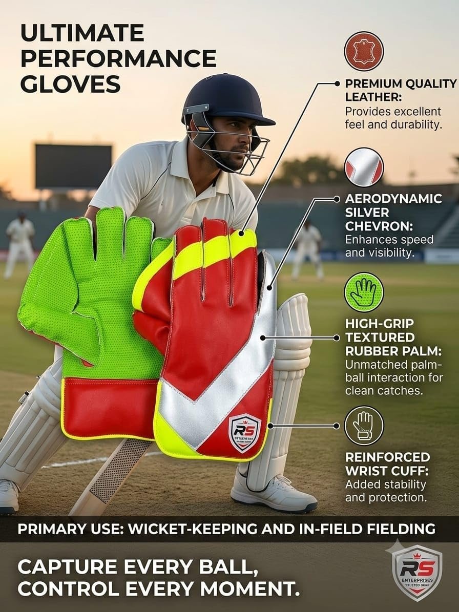 Premium Cricket Wicket Keeping Gloves Red, Green & Silver