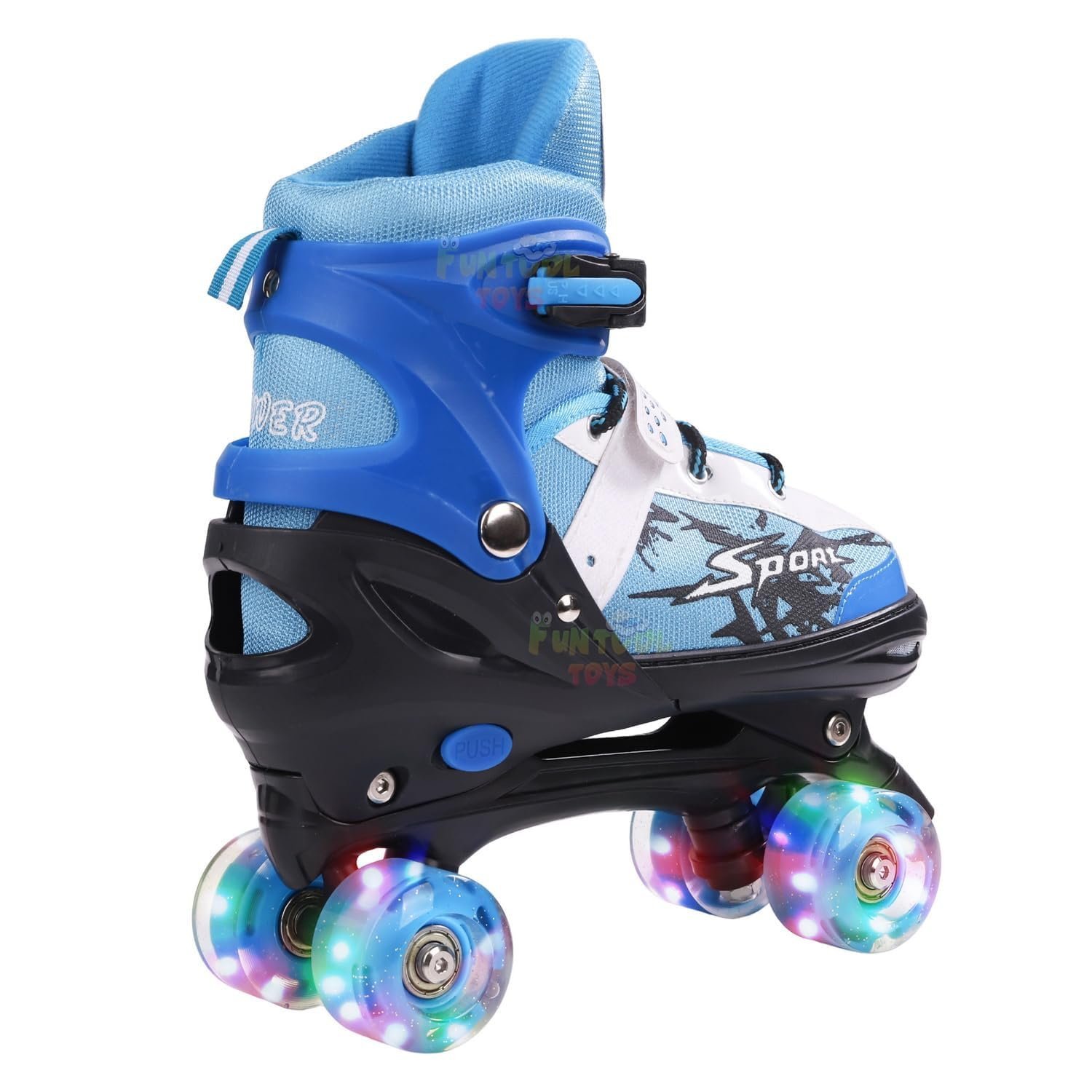 Power Sport Adjustable Quad Roller Skates for Kids – 4-Wheel Light-Up Skates with Safety Straps & Breathable Design – Fun Outdoor Skating Shoes for Boys & Girls (Blue)