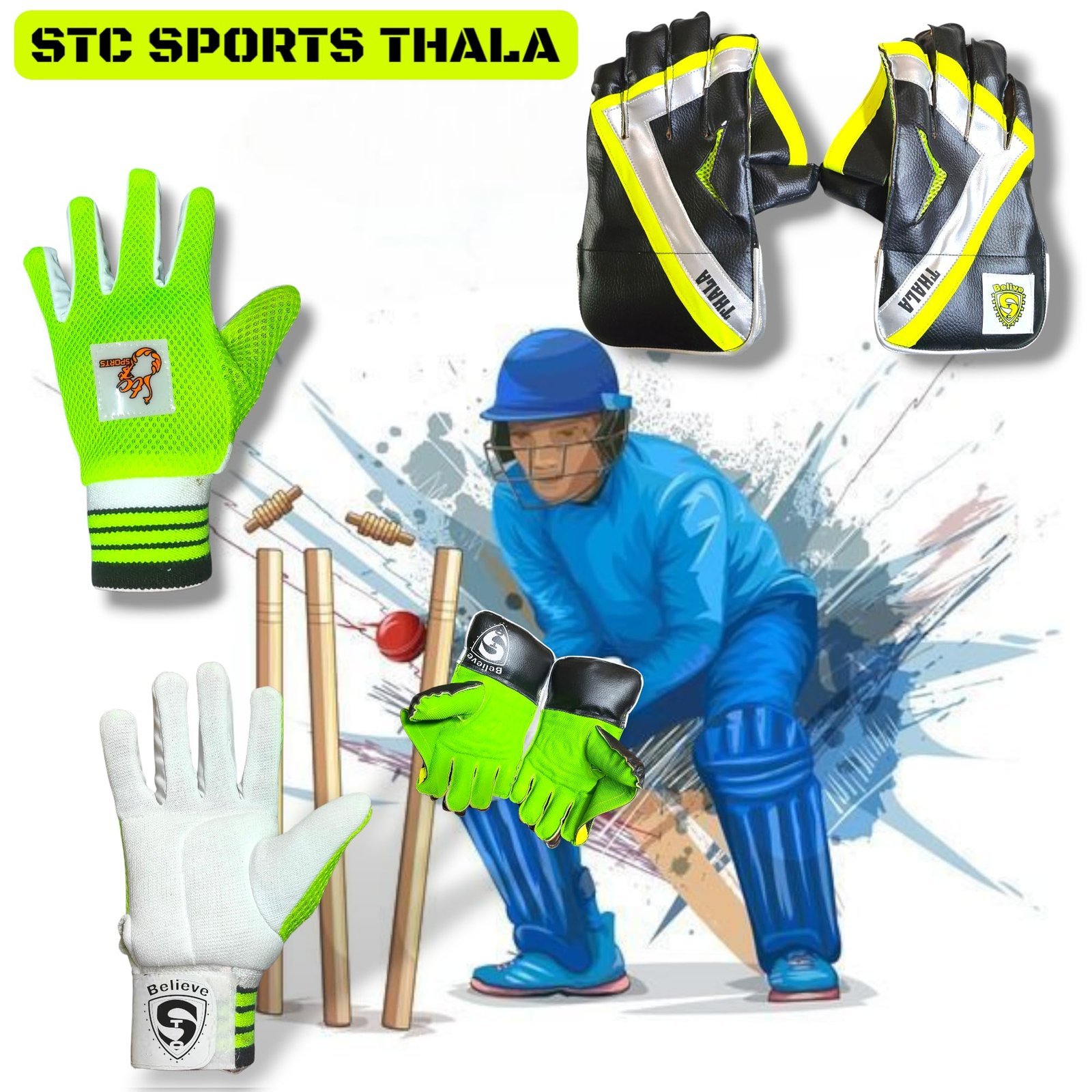 Cricket Wicket Keeping & Inner Gloves for Boys & Youth Age Group -Thala Master Colour-Black & Green