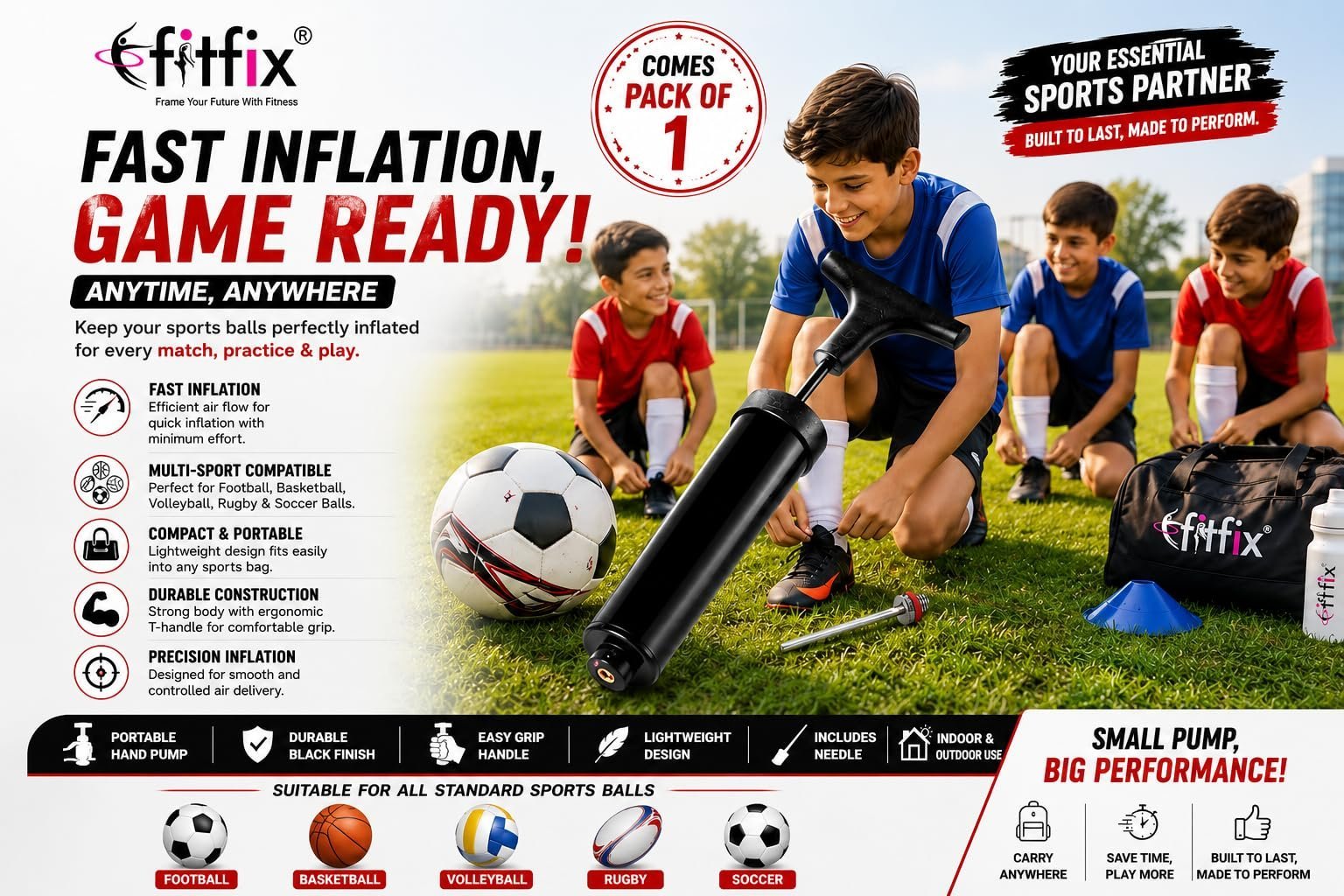 ® Sports Ball Pump with Needle | Portable Air Pump for Football | Basketball | Volleyball | Rugby & Soccer Balls | Fast Inflation Hand Pump | Durable Compact Inflator | Black