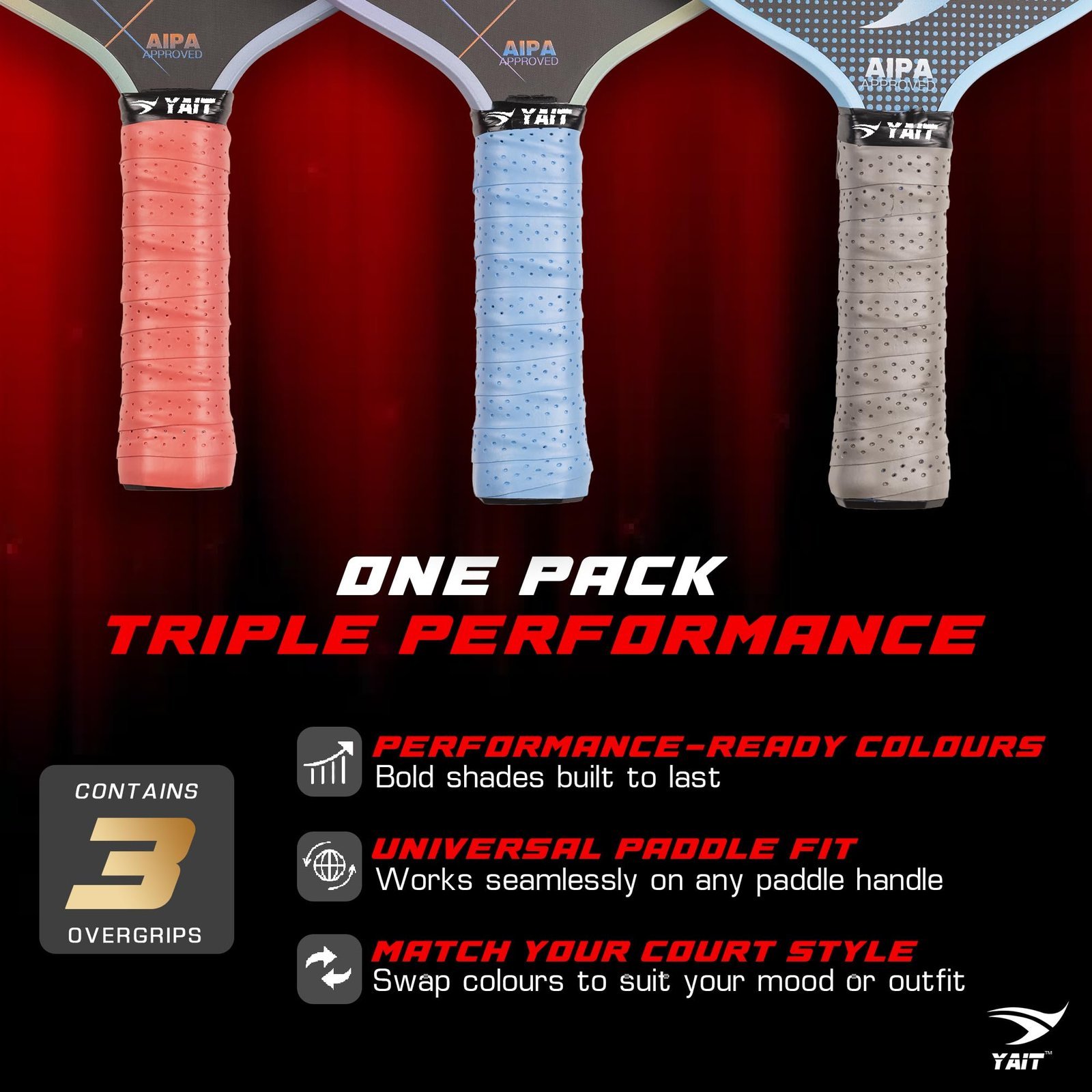Universal Overgrips (Pack of 3) | High Tack Design | Breathable Comfort Material | Usable for Pickleball, Badminton, Tennis, Squash and Padel | Red, Blue & Grey Colours - Pack of 3