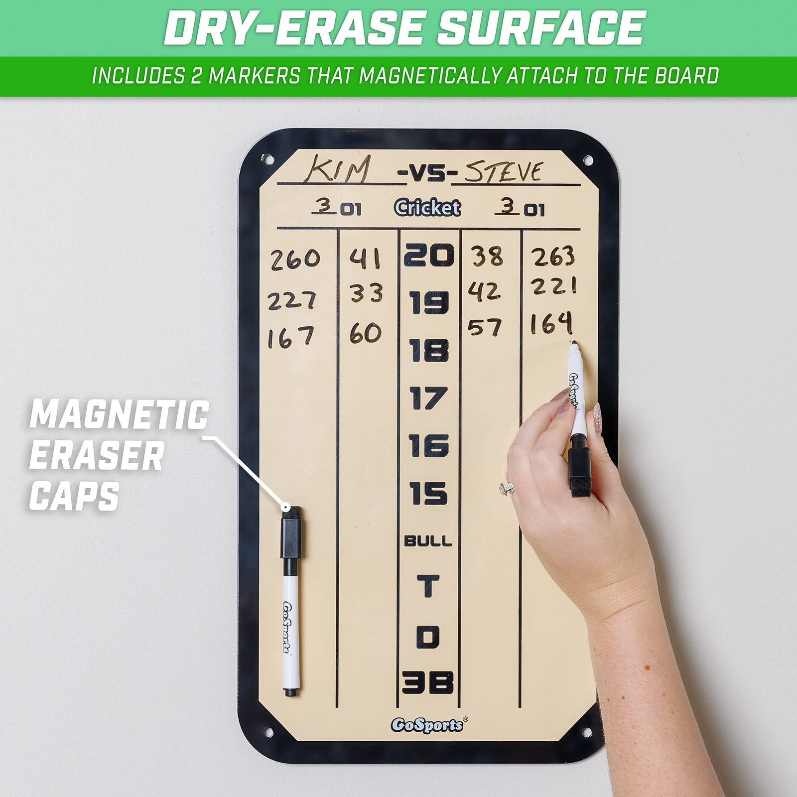 Dry Erase Steel Darts Scoreboard - Cricket and 01 Dart Games with 2 Magnetic Markers