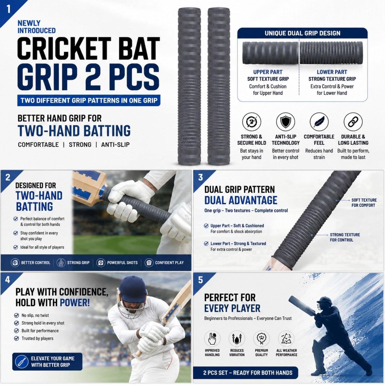 Cricket Bat Grip 2 Pcs | Two Different Grip Patterns in One Grip | Better Hand Grip for Two-Hand Batting | Comfortable & Secure Bat Hold | Newly Introduced Batting Grip
