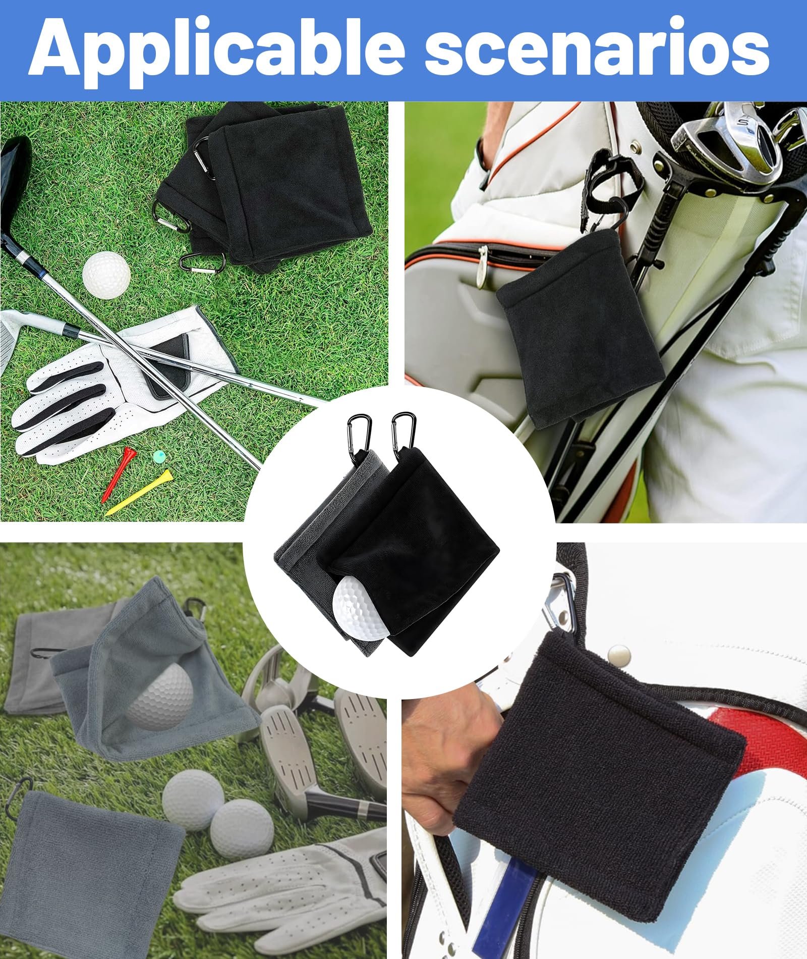 2 Pcs Golf Towel, Premium Microfiber Golf Towels for Golf Bags with Clip, Quick-Drying, Ideal for Cleaning Clubs, Balls, and Hands, 30x30cm, Black and Gray