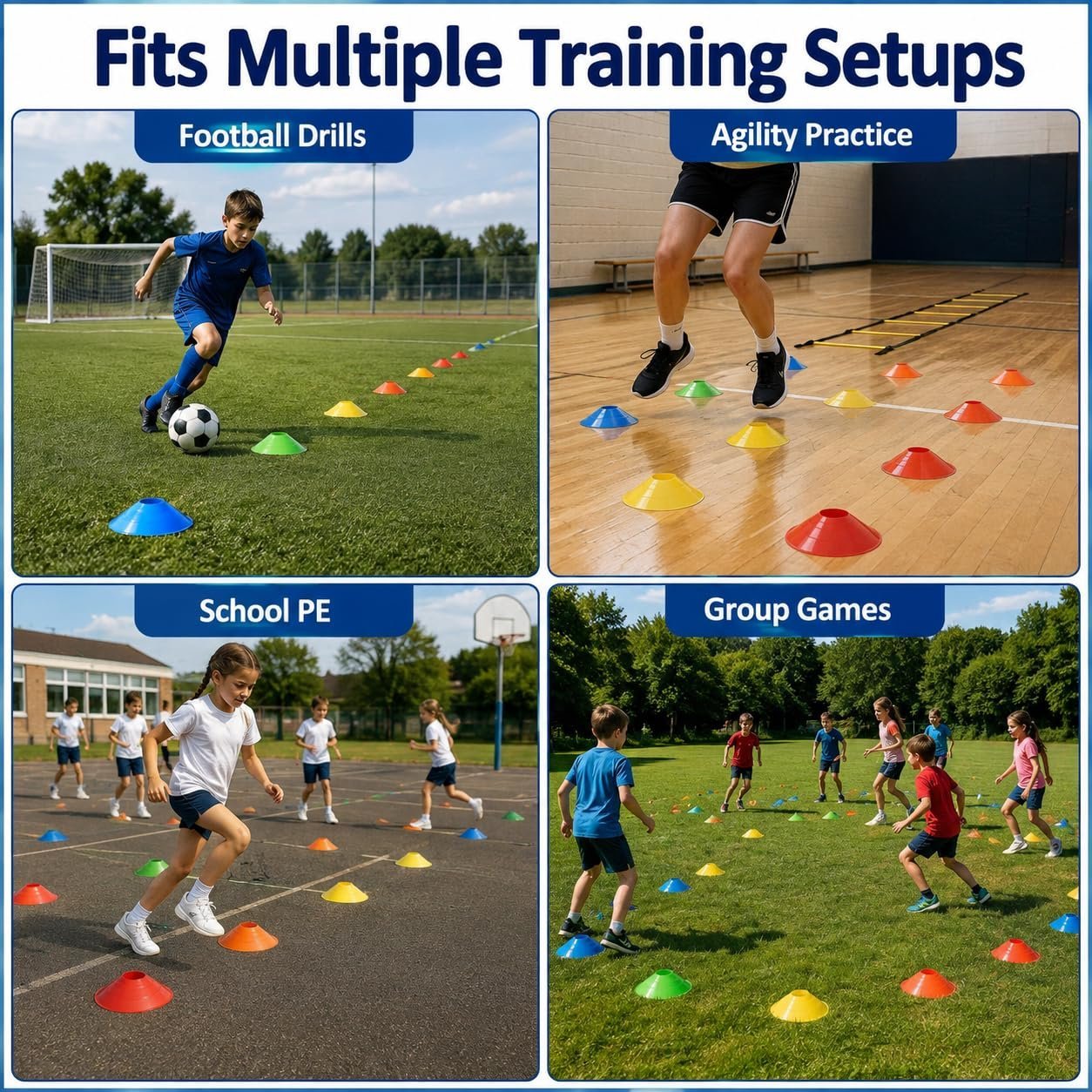 100PCS Football Cones, 5 Color Cones for Football Training, Football Training Cones with Strap Training Cones Set for Football Basketball & Agility Training