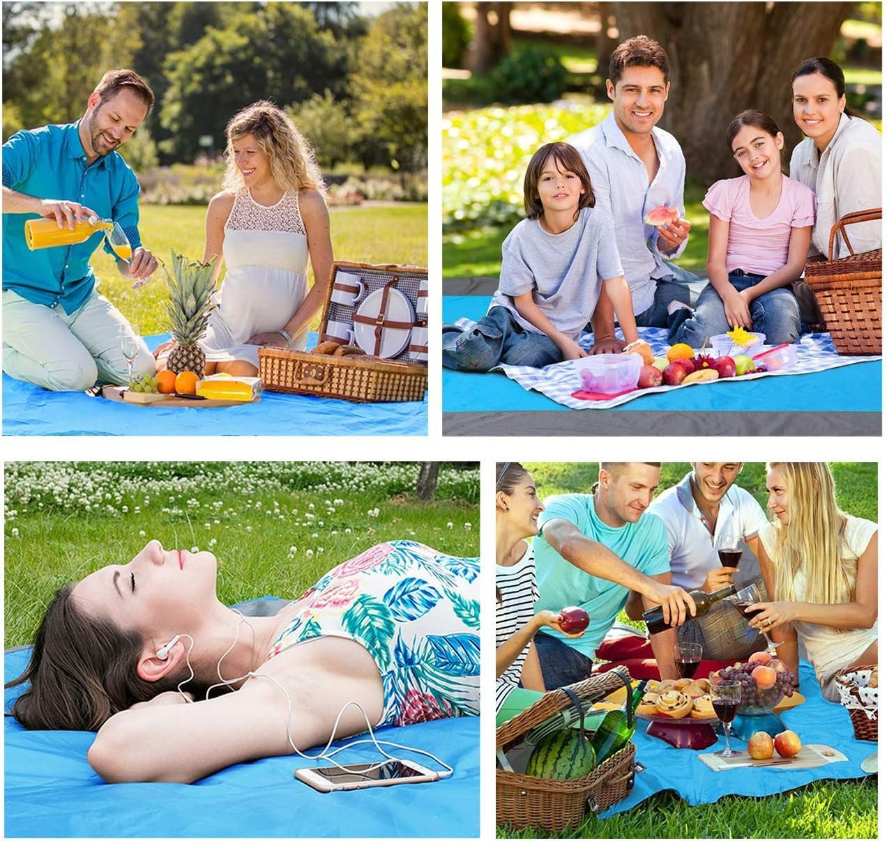 Polyester Picnic Mats Foldable Waterproof Outdoor Travel Camping Beach Mat Sand Proof Blankets with Portable Bag and 4 Fixed Nails for Family of 5 to 6 Persons (Multi Color)