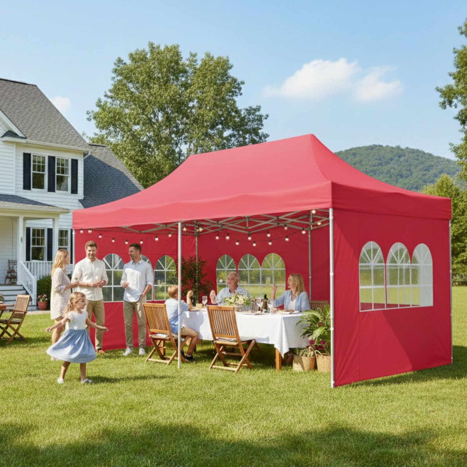 PERGOLA Design Gazebo Outdoor Canopy Tent (10 x 20 feet) with 3 Side Window European Covers - Waterproof Gazebo Tent | Portable Tent | Canopy 2 mins Installation (Red)