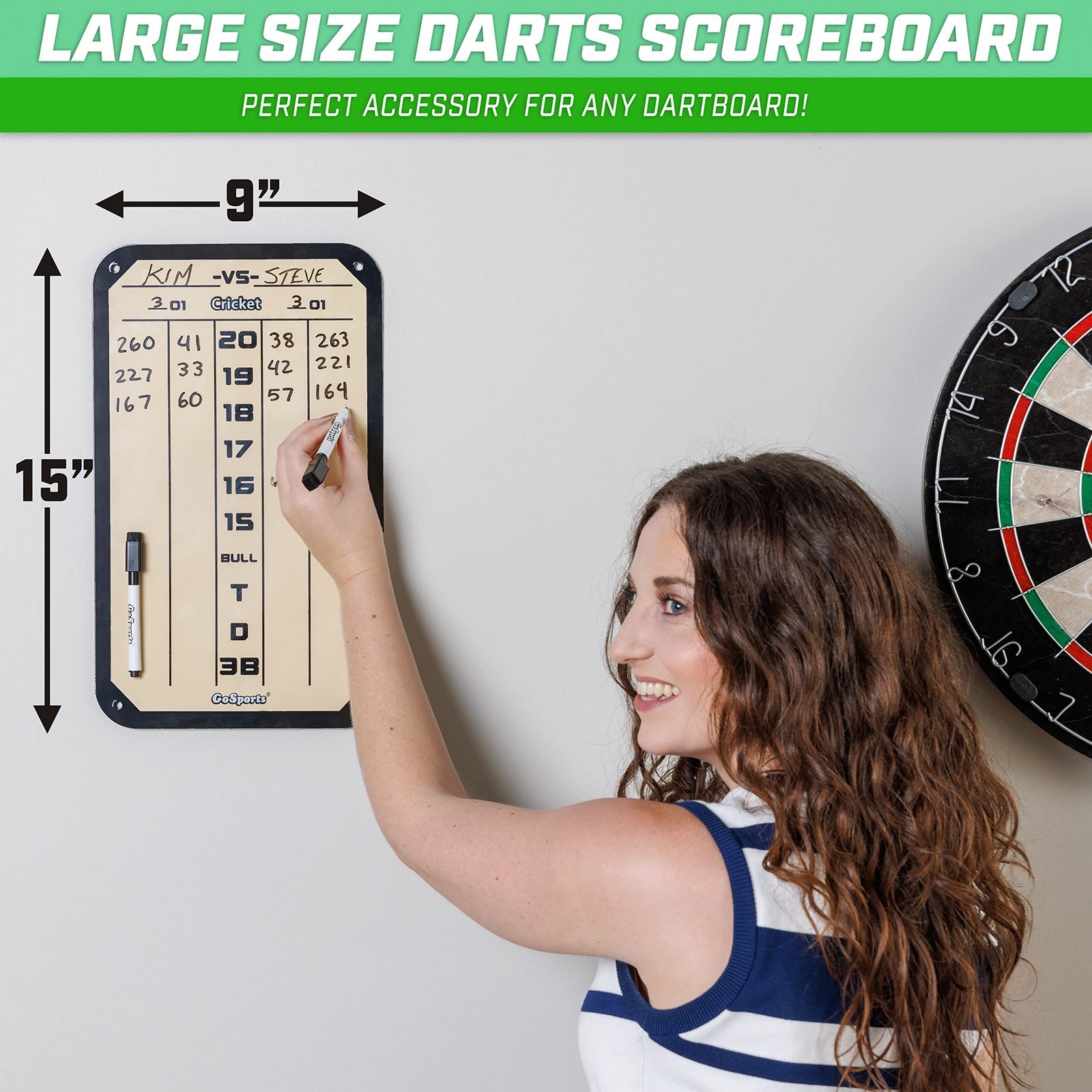 Dry Erase Steel Darts Scoreboard - Cricket and 01 Dart Games with 2 Magnetic Markers