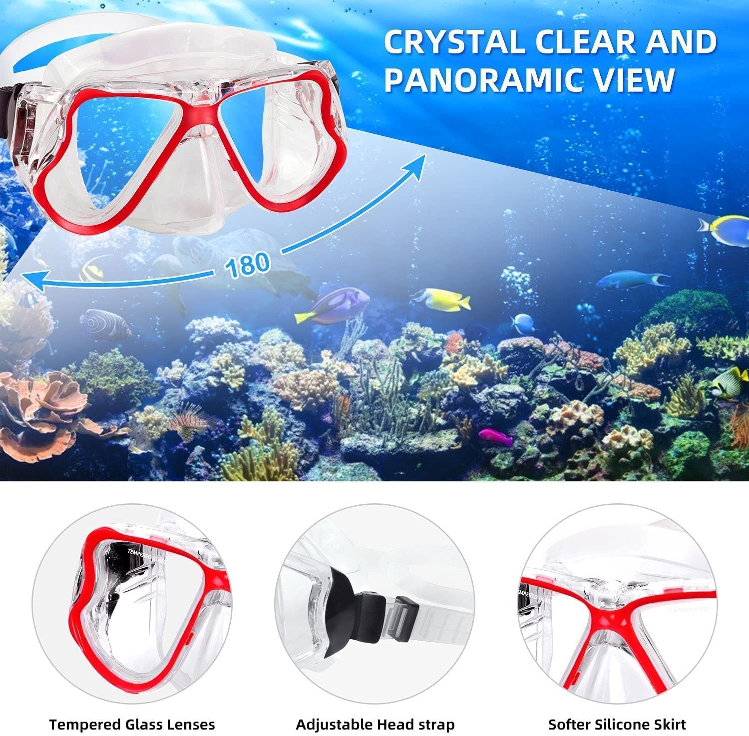 3 PCS Adult Snorkeling Kit Swimming Goggles Dry Snorkel Tube Adjustable Fins (red)