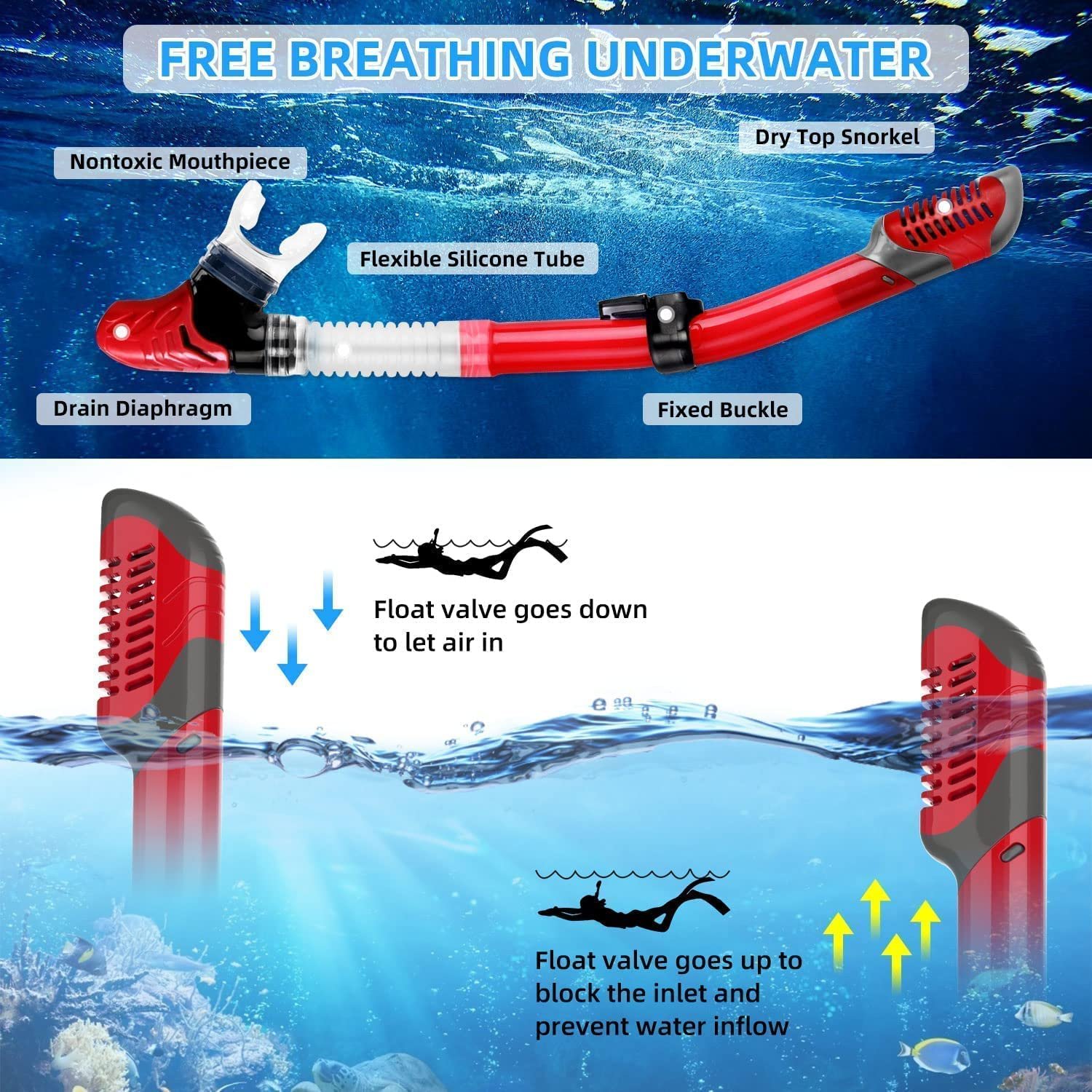 3 PCS Adult Snorkeling Kit Swimming Goggles Dry Snorkel Tube Adjustable Fins (red)