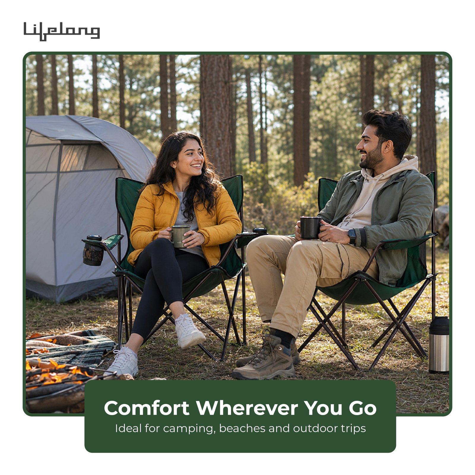 Lifelong Foldable Camping Chair with Carry Bag & Cup Holder | Heavy Duty Portable Outdoor Folding Chair, Supports Up to 100 kg | Ideal for Camping, Picnic,Garden, Fishing, Trekking, Balcony & Travel
