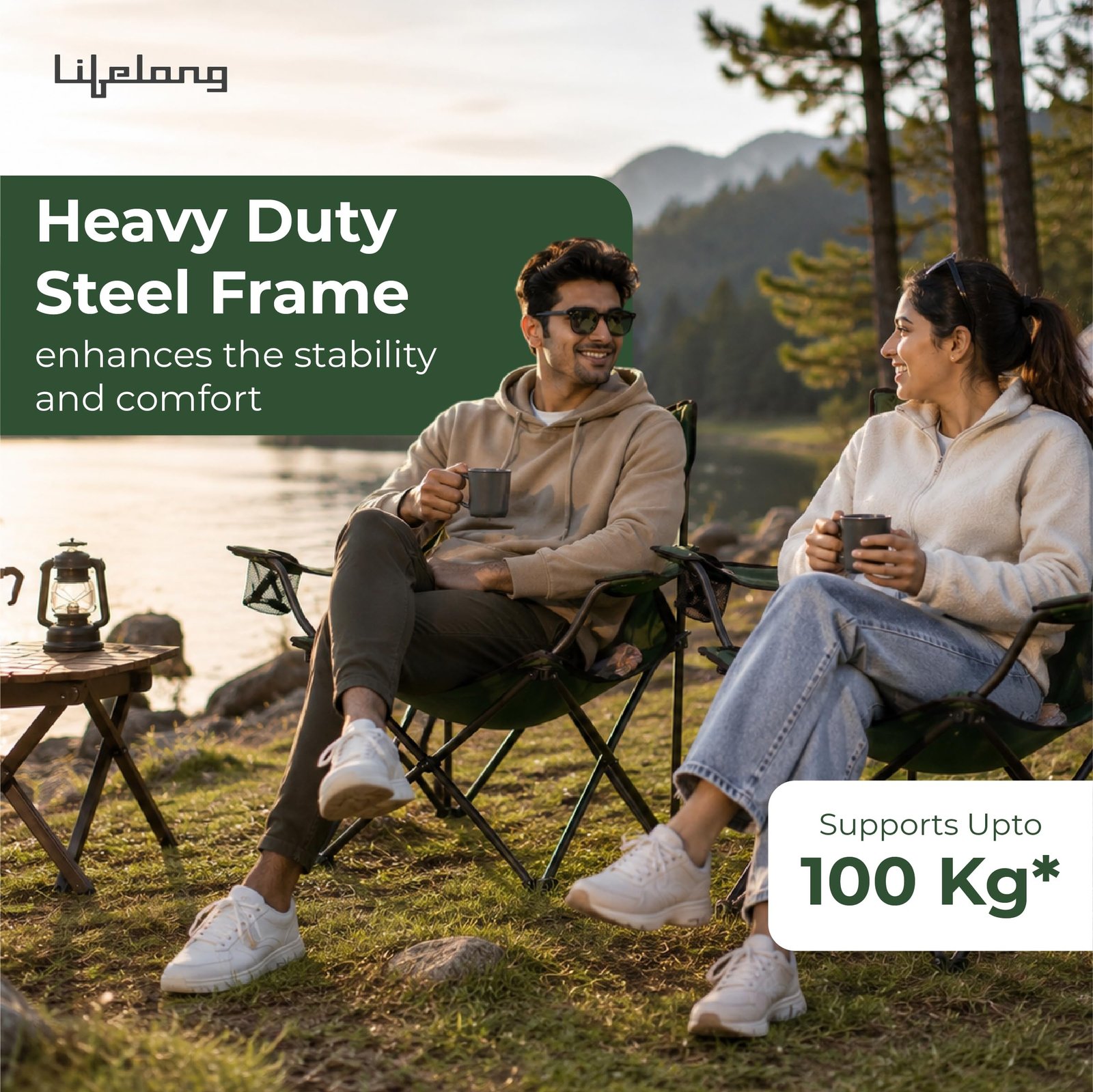 Lifelong Foldable Camping Chair with Carry Bag & Cup Holder | Heavy Duty Portable Outdoor Folding Chair, Supports Up to 100 kg | Ideal for Camping, Picnic,Garden, Fishing, Trekking, Balcony & Travel