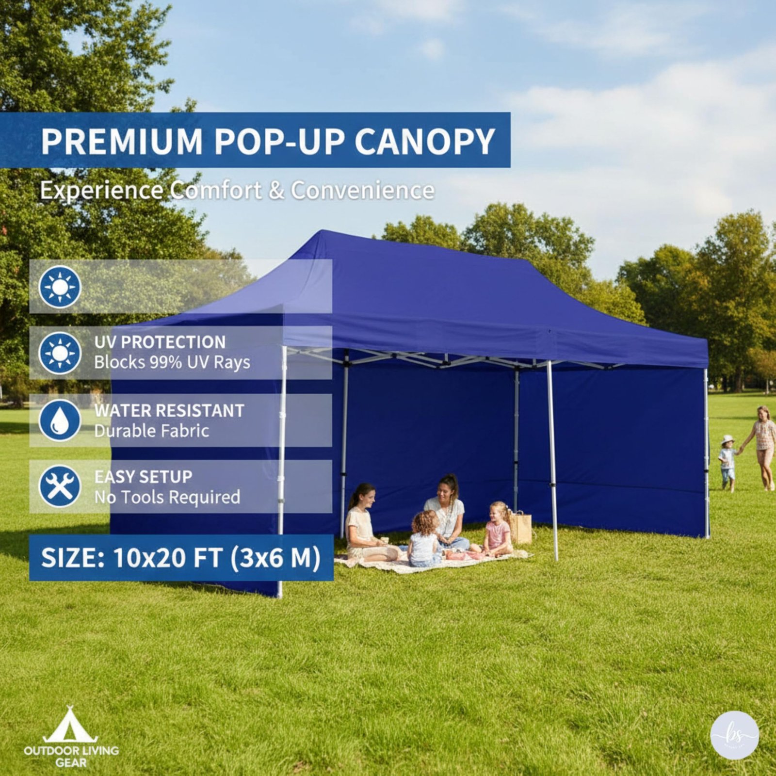 10 x 20 FT Pop Up Gazebo Canopy Tent with 3 Side Walls and Curtains, Heavy Duty Waterproof Outdoor Canopy, Height Adjustable Sun Shade for Garden, Terrace, Camping & Events, Blue (50 kg)