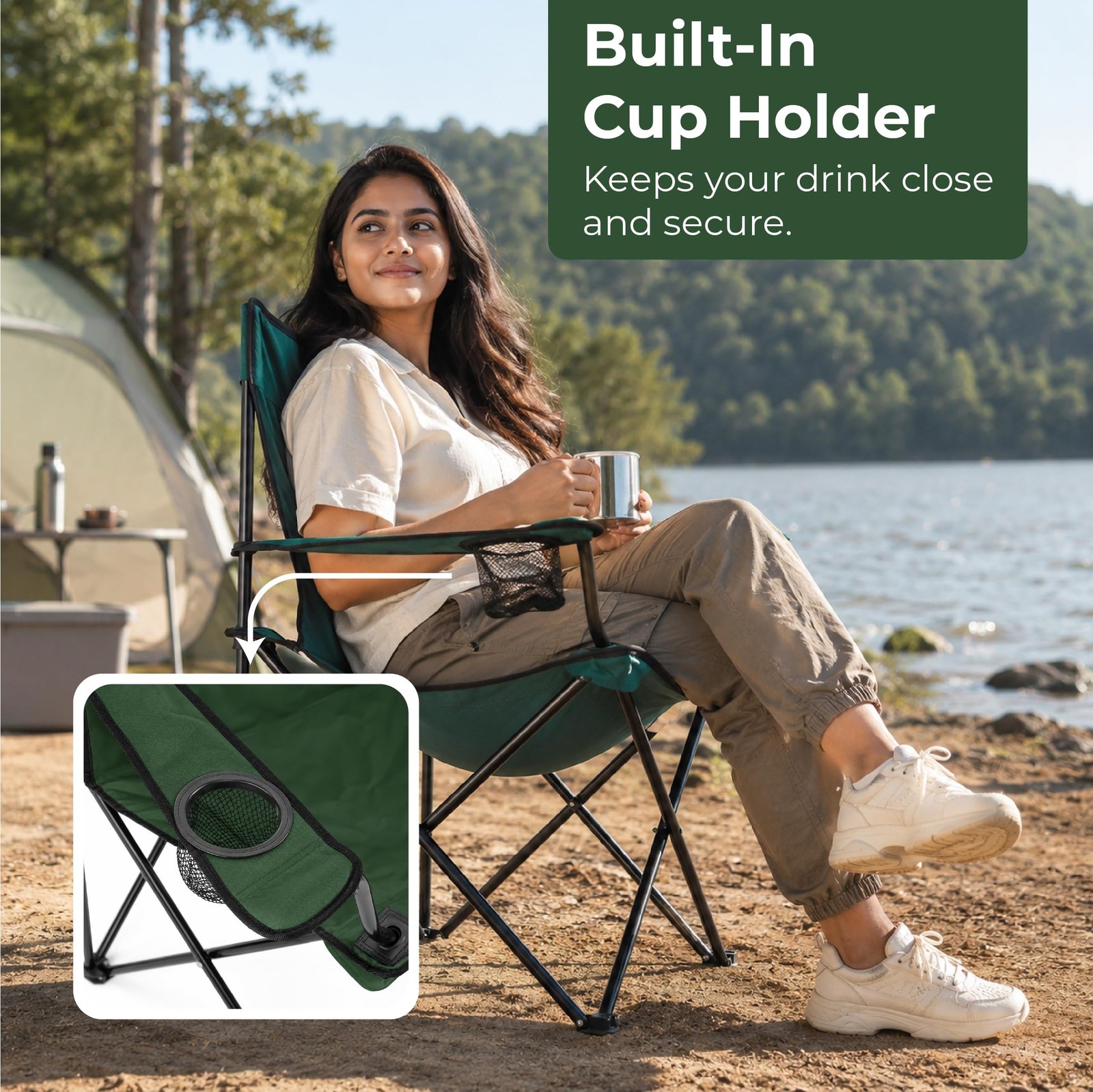 Lifelong Foldable Camping Chair with Carry Bag & Cup Holder | Heavy Duty Portable Outdoor Folding Chair, Supports Up to 100 kg | Ideal for Camping, Picnic,Garden, Fishing, Trekking, Balcony & Travel